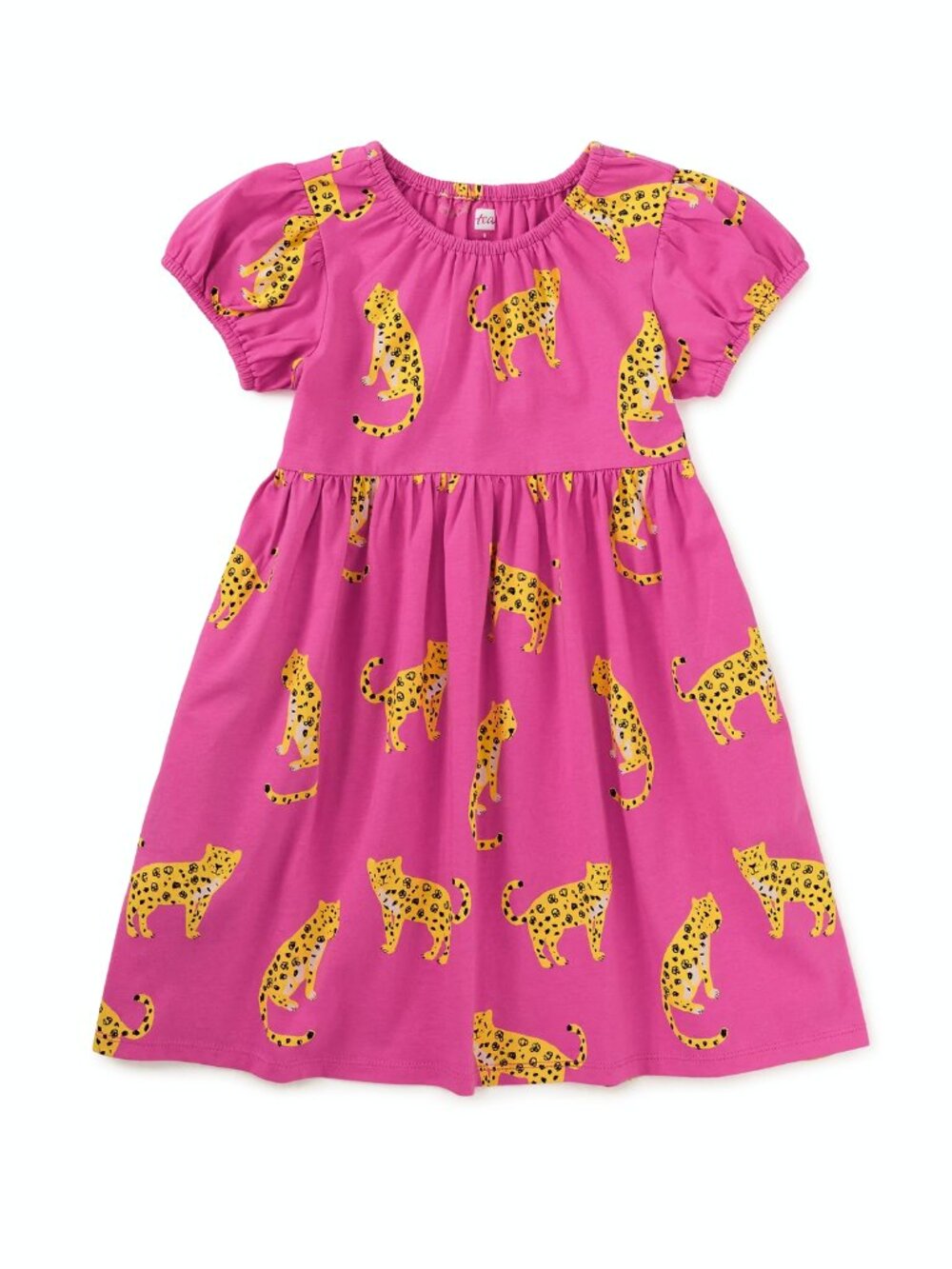 Tea Collection Girls Puff Sleeve Empire Dress in Sweet Jaguars